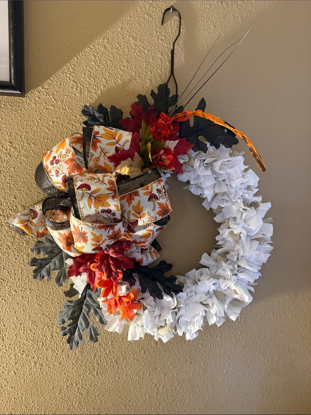 Handmade Bold Autumn Floral White, Orange & Black Wreath
